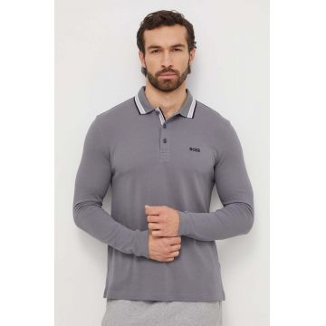 Boss Green longsleeve din bumbac culoarea gri, neted