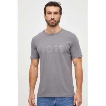 Boss Green tricou barbati, culoarea gri, cu imprimeu