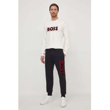 BOSS pantaloni de trening din bumbac culoarea negru, cu imprimeu