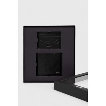 BOSS portofel din piele si suport pentru card culoarea negru