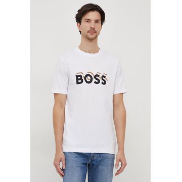 BOSS tricou din bumbac barbati, culoarea alb, cu imprimeu