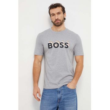 BOSS tricou din bumbac barbati, culoarea gri, cu imprimeu