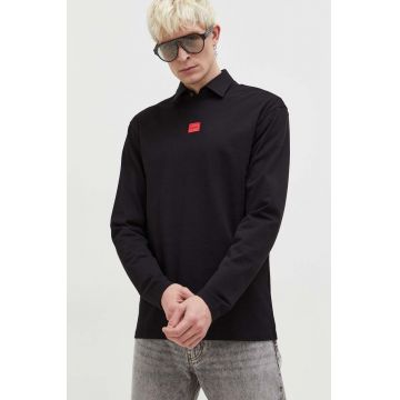 HUGO longsleeve din bumbac culoarea negru, cu imprimeu