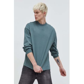 HUGO longsleeve din bumbac culoarea verde, neted