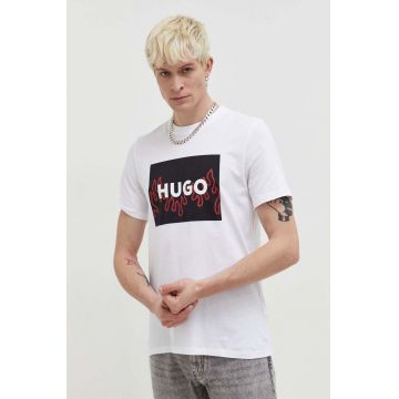 HUGO tricou din bumbac barbati, culoarea alb, cu imprimeu