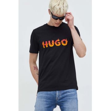 HUGO tricou din bumbac barbati, culoarea negru, cu imprimeu