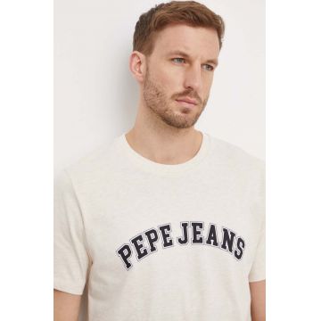 Pepe Jeans tricou din bumbac barbati, culoarea bej, cu imprimeu