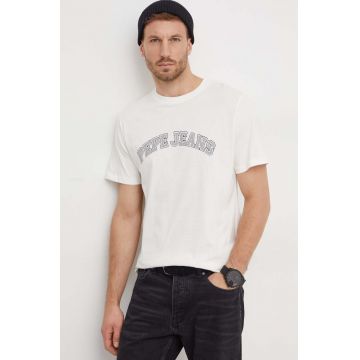 Pepe Jeans tricou din bumbac barbati, culoarea bej, cu imprimeu