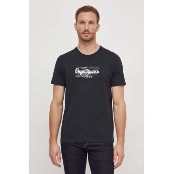 Pepe Jeans tricou din bumbac Castle barbati, culoarea negru, cu imprimeu