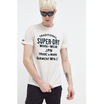 Superdry tricou barbati, culoarea bej, cu imprimeu