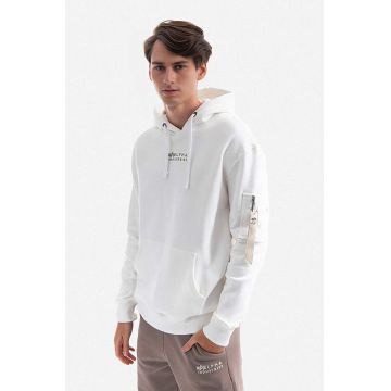 Alpha Industries hanorac de bumbac Organics EMB Hoody barbati, culoarea alb, cu glugă, cu imprimeu 118350.626-white
