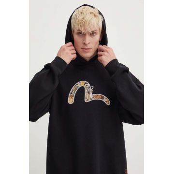 Evisu bluză Deer&Treasure Seagull bărbați, culoarea negru, cu glugă, cu imprimeu, 2EAHTM3SW7069LFCN