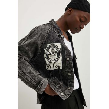 Evisu geacă din denim Poster and Seagull Print bărbați, culoarea negru, de tranziție, 2EAHTM3DJ8064LFCS