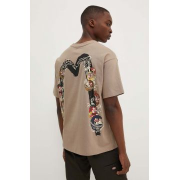 Evisu tricou din bumbac Kumadori Daruma Double Daicock Printed bărbați, culoarea bej, cu imprimeu, 2EAHTM3TS1099RXCT