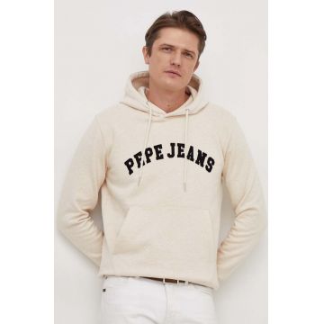 Pepe Jeans hanorac de bumbac Rane barbati, culoarea bej, cu glugă, melanj