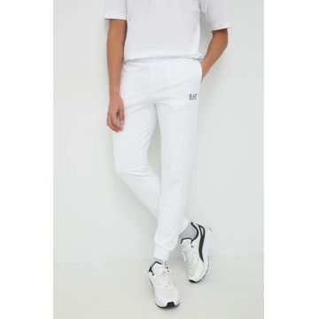 EA7 Emporio Armani pantaloni de trening din bumbac culoarea alb, neted