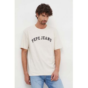 Pepe Jeans tricou din bumbac barbati, culoarea bej, cu imprimeu