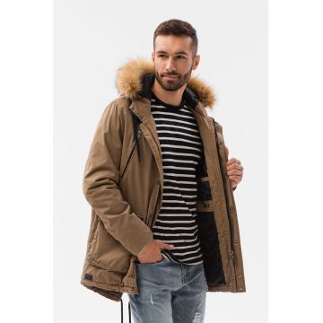 Geaca parka usoara cu garnitura din blana sintetica - Maro camel
