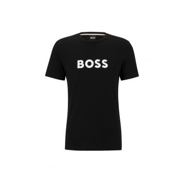 Tricou cu decolteu rotund si logo - Negru