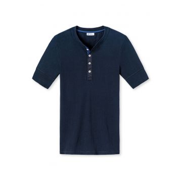 Tricou de bumbac cu decolteu Henley - Albastru inchis