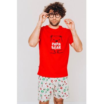 Pijama de bumbac cu pantaloni scurti si imprimeu de Craciun