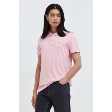 Tommy Jeans polo de bumbac culoarea roz, neted