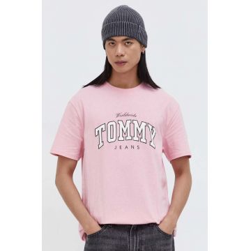 Tommy Jeans tricou din bumbac bărbați, culoarea roz, cu imprimeu DM0DM18287