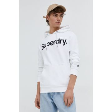 Superdry hanorac de bumbac barbati, culoarea bej, cu glugă, cu imprimeu