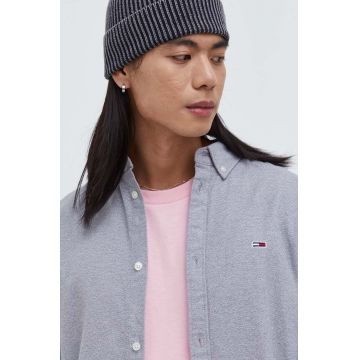 Tommy Jeans camasa din bumbac barbati, culoarea gri, cu guler button-down, regular