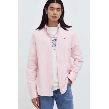 Tommy Jeans camasa din bumbac barbati, culoarea roz, cu guler button-down, regular