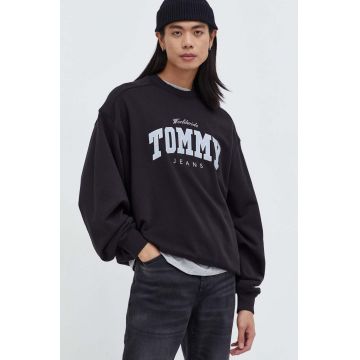 Tommy Jeans hanorac de bumbac barbati, culoarea negru, cu imprimeu