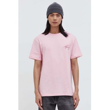 Tommy Jeans tricou din bumbac bărbați, culoarea roz, cu imprimeu DM0DM17994