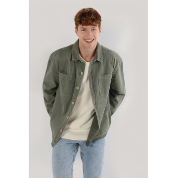 Jacheta-camasa de denim cu buzunare aplicate - Kaki