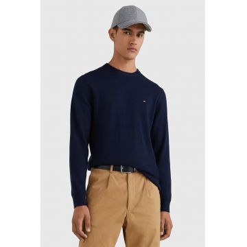 Pulover din amestec de casmir si bumbac organic cu decolteu la baza gatului - Bleumarin