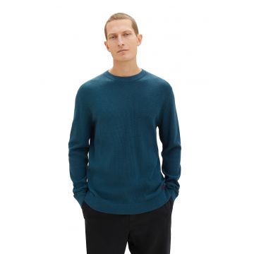 Pulover texturat cu decolteu la baza gatului - Albastru petrol