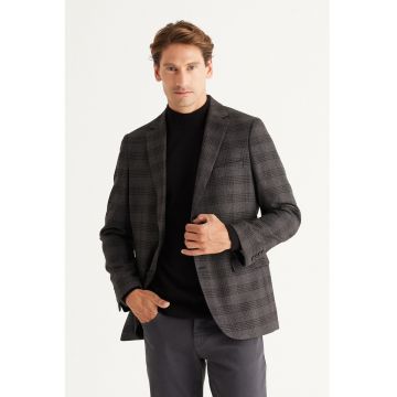 Sacou cu model in carouri si buzunare cu clapa - Gri inchis melange