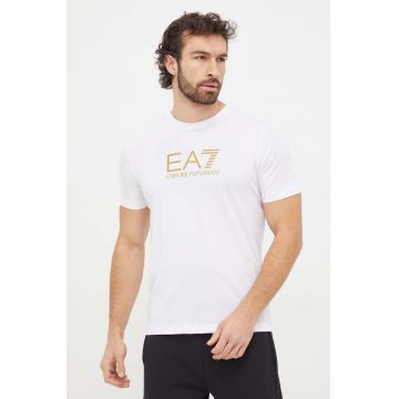EA7 Emporio Armani tricou din bumbac barbati, culoarea alb, cu imprimeu