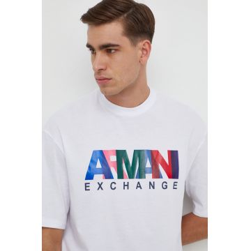 Armani Exchange tricou din bumbac barbati, culoarea alb, cu imprimeu