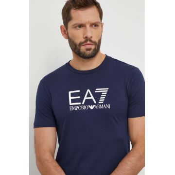 EA7 Emporio Armani tricou din bumbac barbati, culoarea albastru marin, cu imprimeu