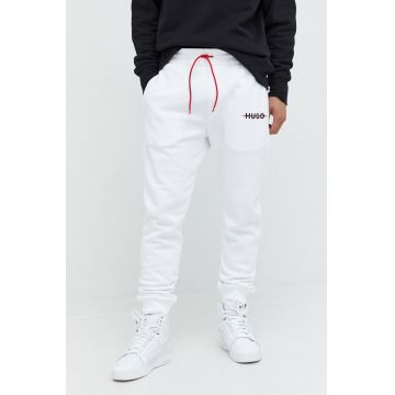 HUGO pantaloni de trening barbati, culoarea alb, cu imprimeu