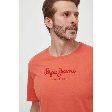 Pepe Jeans tricou din bumbac Eggo barbati, culoarea portocaliu, cu imprimeu
