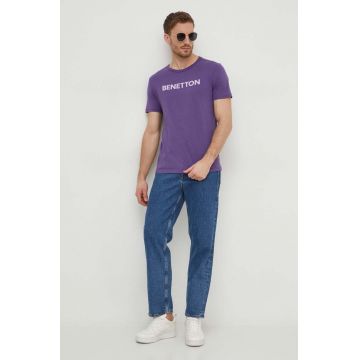 United Colors of Benetton tricou din bumbac barbati, culoarea violet, cu imprimeu