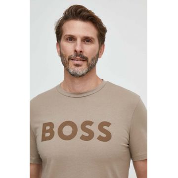 BOSS tricou din bumbac CASUAL bărbați, culoarea maro, cu imprimeu 50481923