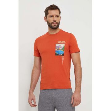 Napapijri tricou din bumbac barbati, culoarea portocaliu, cu imprimeu