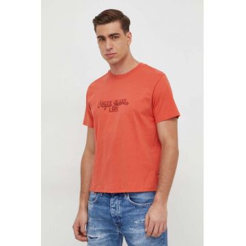 Pepe Jeans tricou din bumbac Chris barbati, culoarea portocaliu, cu imprimeu
