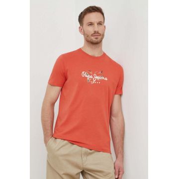 Pepe Jeans tricou din bumbac Count barbati, culoarea portocaliu, cu imprimeu