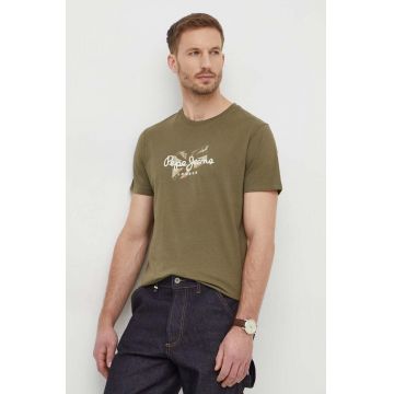 Pepe Jeans tricou din bumbac Count barbati, culoarea verde, cu imprimeu
