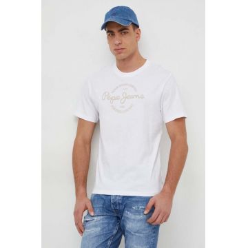 Pepe Jeans tricou din bumbac Craigton barbati, culoarea alb, cu imprimeu