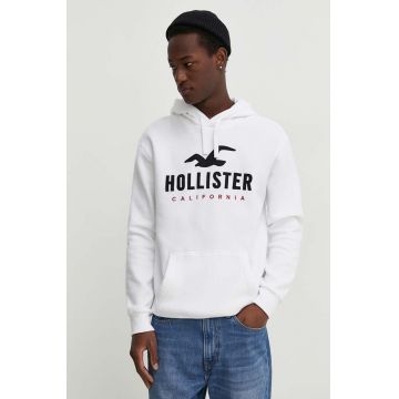 Hollister Co. bluza barbati, culoarea alb, cu glugă, cu imprimeu