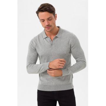 Pulover polo tricotat fin Lissandra - Gri melange